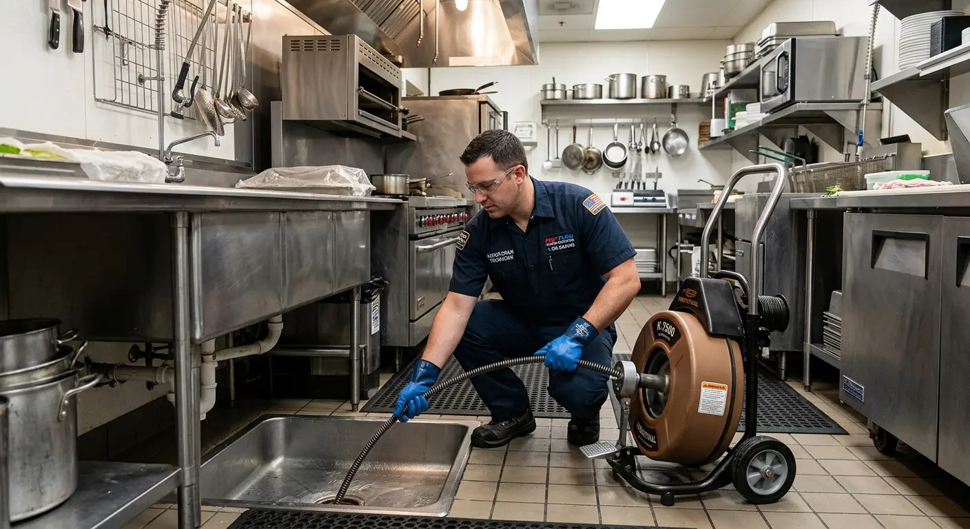 Commercial drain cleaning service in a restaurant kitchen in Cumberland