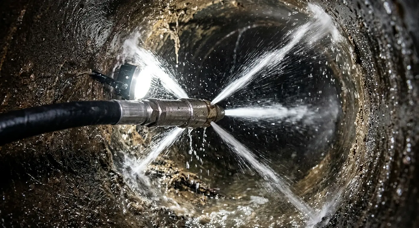 High-pressure hydro jetting nozzle cleaning sewer pipe for Trenchless Sewer Repair in Cumberland