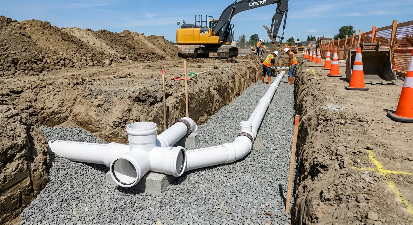 New PVC sewer pipe installation in open trench for Sewer Backup in Cumberland