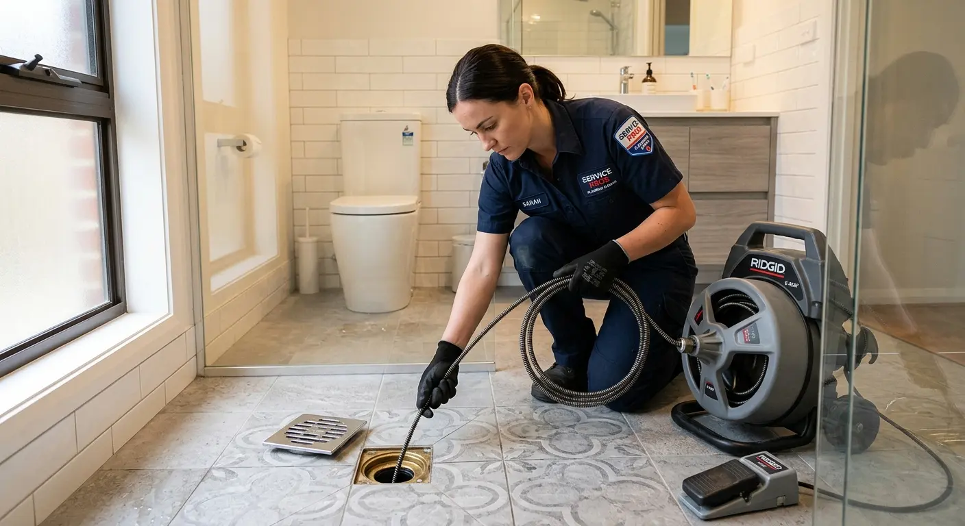 Technician clearing a bathroom floor drain for Clogged Drain Repair in Cumberland